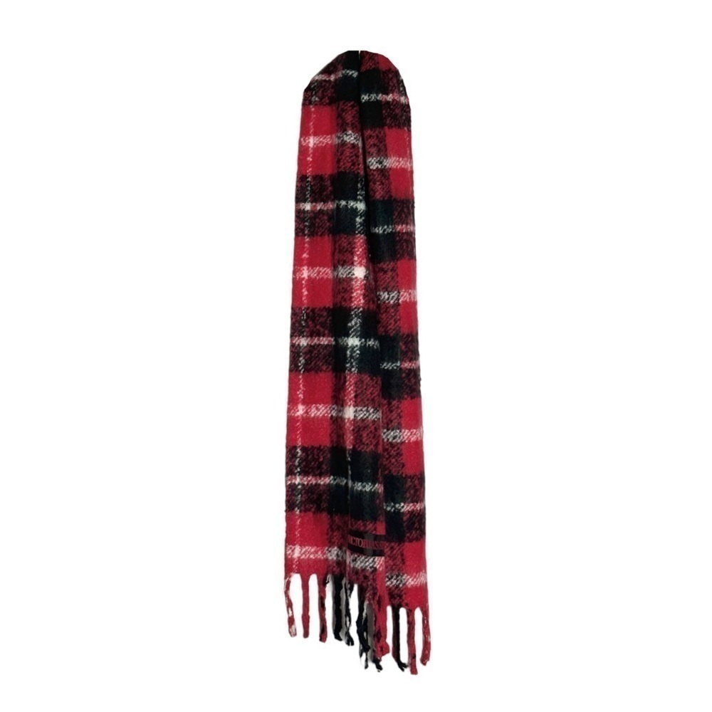🌺 Victoria’s Secret Red Plaid Plush Scarf Long Muffler Fuzzy Fringed Ends